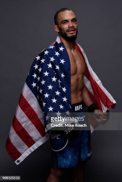 Rob Font poses for a portrait backstage after his victory over Thomas Almeida during the UFC 220 event at TD Garden on January 20, 2018 in Boston,...