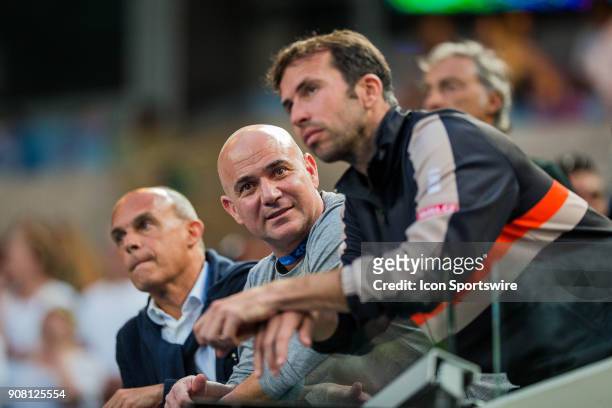 Coaches ANDRE AGASSI and RADEK STEPANEK during day six match of the 2018 Australian Open on January 20, 2018 at Melbourne Park Tennis Centre...
