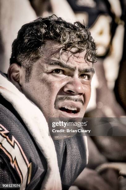 Linebacker Junior Seau, #55 is shown on the sidelines as the Miami Dolphins defeat his San Diego Chargers 12-9 at Joe Robbie Stadium, in Miami, FL.