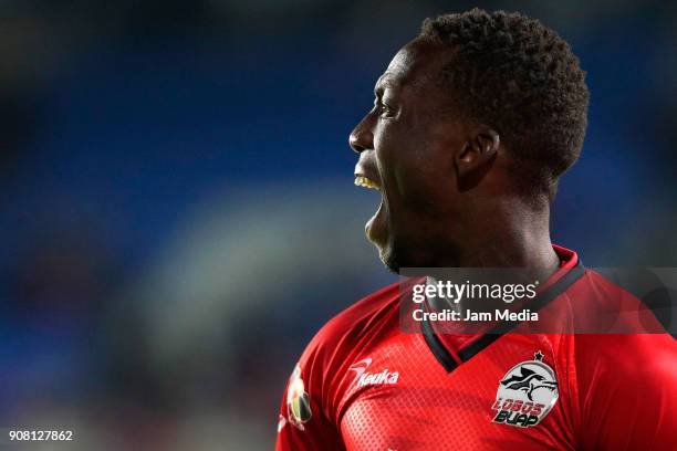 Luis Advincula of Lobos BUAP gestures during the third round match Pachuca and Lobos BUAP as part of Torneo Clausura 2018 Liga MX between at Hidalgo...