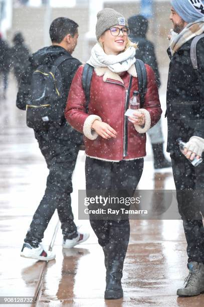 Actress Emily Bett Rickards walks in Park City on January 20, 2018 in Park City, Utah.