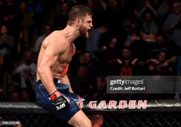 Calvin Kattar celebrates after his knockout victory over Shane Burgos in their featherweight bout during the UFC 220 event at TD Garden on January...