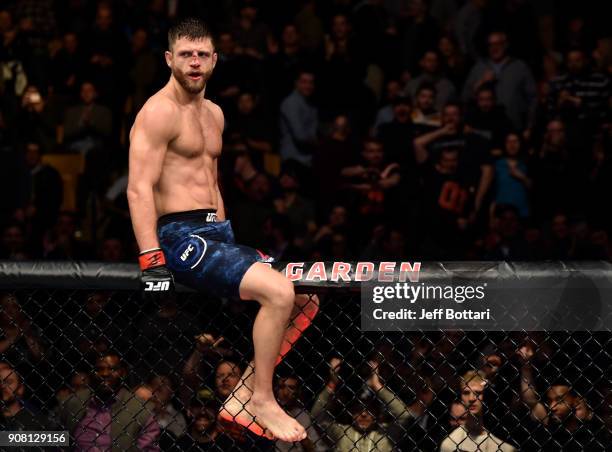 Calvin Kattar celebrates after his knockout victory over Shane Burgos in their featherweight bout during the UFC 220 event at TD Garden on January...