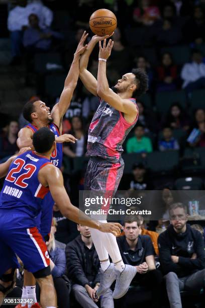 Derrick White of the Austin Spurs shoots the ball against the Grand Rapids Drive at the H-E-B Center at Cedar Park on January 20, 2018 in Cedar Park,...