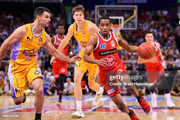 Bryce Cotton of the Wildcats controls the ball during the round 15 NBL match between the Sydney Kings and the Perth Wildcats at Qudos Bank Arena on...