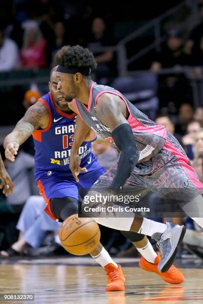 Livio Jean-Charles of the Austin Spurs handles the ball against the Grand Rapids Drive at the H-E-B Center at Cedar Park on January 20, 2018 in Cedar...