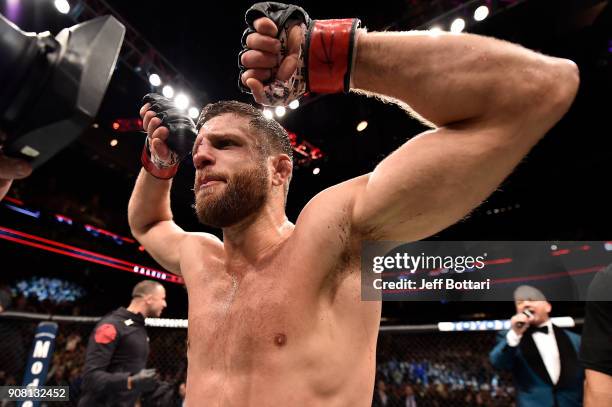 Calvin Kattar celebrates after his knockout victory over Shane Burgos in their featherweight bout during the UFC 220 event at TD Garden on January...