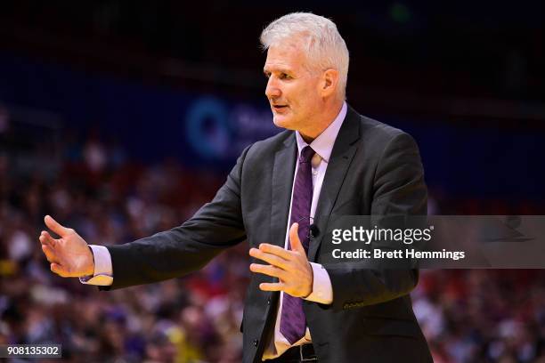 Andrew Gaze, coach of the Kings reacts during the round 15 NBL match between the Sydney Kings and the Perth Wildcats at Qudos Bank Arena on January...
