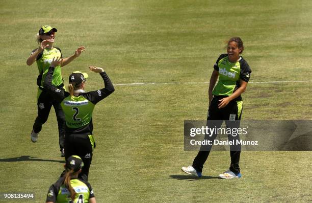 Thunder Belinda Vakarewa celebrates taking the wicket of Strikers Tammy Beaumont during the Women's Big Bash League match between the Adelaide...