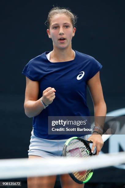 Diane Parry of France plays a forehand against Anri Nagata of Japan during the Australian Open 2018 Junior Championships at Melbourne Park on January...