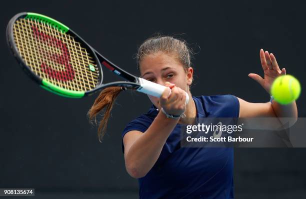 Diane Parry of France plays a forehand against Anri Nagata of Japan during the Australian Open 2018 Junior Championships at Melbourne Park on January...