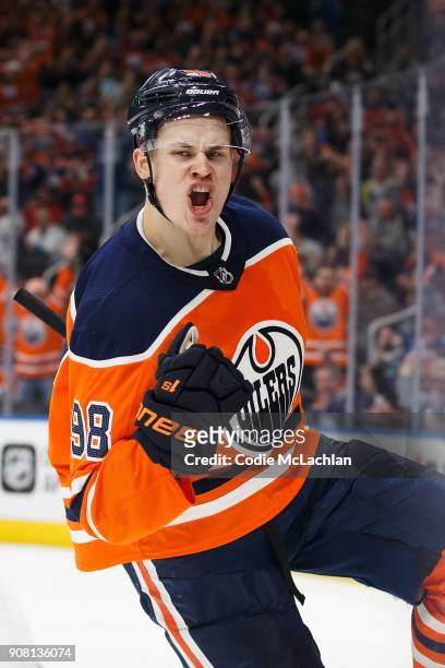 Jesse Puljujarvi of the Edmonton Oilers celebrates his goal against the Vancouver Canucks at Rogers Place on January 20, 2018 in Edmonton, Canada.