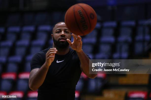 Shannon Shorter of the 36ers warms up prior to the round 15 NBL match between the Illawarra Hawks and Adelaide United at Wollongong Entertainment...