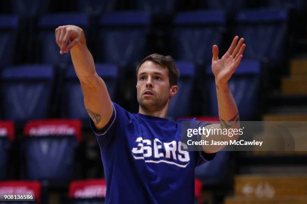 Nathan Sobey of the 36ers warms up prior to the round 15 NBL match between the Illawarra Hawks and Adelaide United at Wollongong Entertainment Centre...