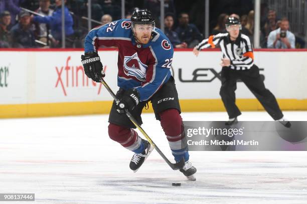 Colin Wilson of the Colorado Avalanche skates against the San Jose Sharks at the Pepsi Center on January 18, 2018 in Denver, Colorado. The Avalanche...