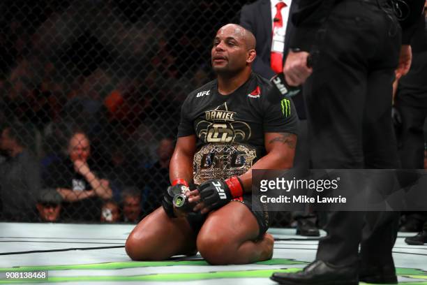 Daniel Cormier reacts after defeating Volkan Oezdemir by TKO in their Light Heavyweight Championship fight during UFC 220 at TD Garden on January 20,...