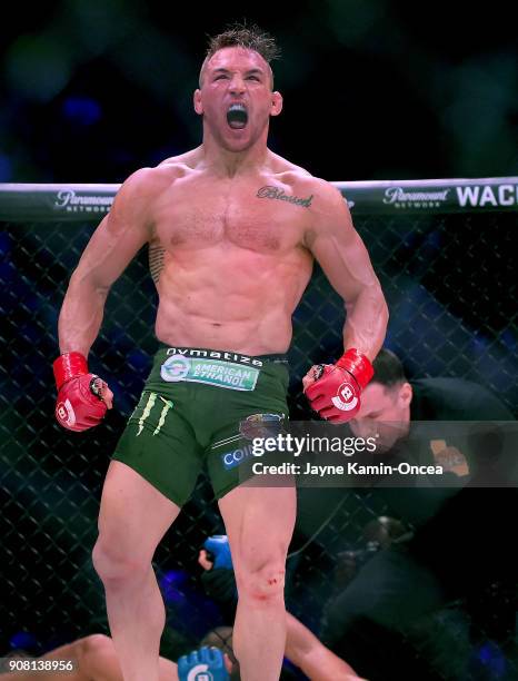 Michael Chandler Jr celebrates after defeating Goiti Yamauchi in their Lightweight fight at Bellator 192 at The Forum on January 20, 2018 in...