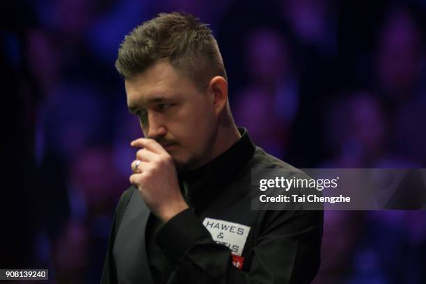 Kyren Wilson of England reacts during the semifinal match against Judd Trump of England on day seven of The Dafabet Masters at Alexandra Palace on...