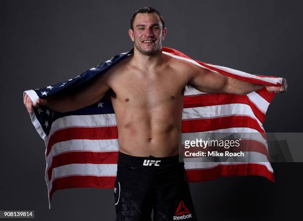 Gian Villante poses for a portrait backstage after his victory over Francimar Barroso during the UFC 220 event at TD Garden on January 20, 2018 in...