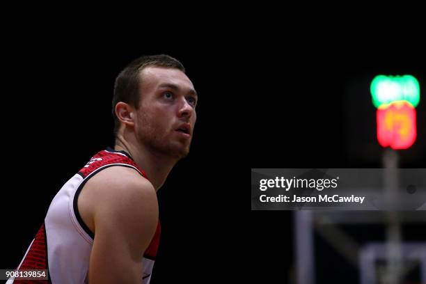 Nicholas Kay of the Hawks looks on during warm-up prior to the round 15 NBL match between the Illawarra Hawks and Adelaide United at Wollongong...