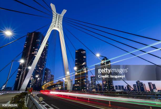 traffic light trails on the bridge - isogawyi stock pictures, royalty-free photos & images