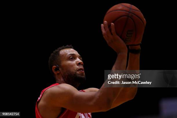 Demitrius Conger of the Hawks warms up prior to the round 15 NBL match between the Illawarra Hawks and Adelaide United at Wollongong Entertainment...