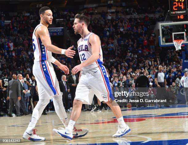 McConnell of the Philadelphia 76ers is pumped up after the win against the Milwaukee Bucks at Wells Fargo Center on January 20, 2018 in Philadelphia,...