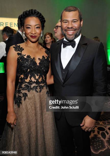 Betty Gabriel and Jordan Peele attend the 29th Annual Producers Guild Awards supported by GreenSlate at The Beverly Hilton Hotel on January 20, 2018...