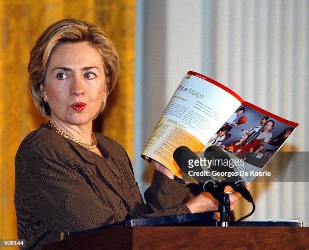 First lady Hillary Rodham Clinton during a White House event on mentoring February 3, 1999 in Washington, DC. Mrs. Clinton announced new grants to...
