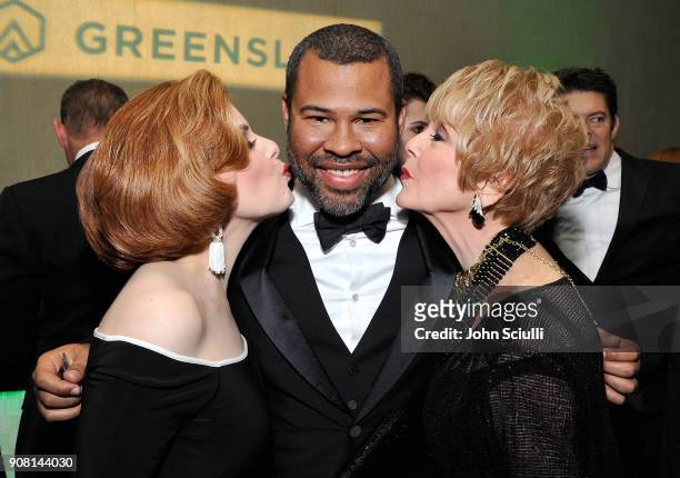 Kat Kramer, Jordan Peele and Karen Kramer attend the 29th Annual Producers Guild Awards supported by GreenSlate at The Beverly Hilton Hotel on...
