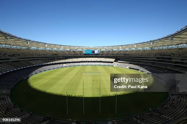 General view is pictured at Optus Stadium on January 21, 2018 in Perth, Australia. The 60,000 seat multi-purpose Stadium features the biggest LED...