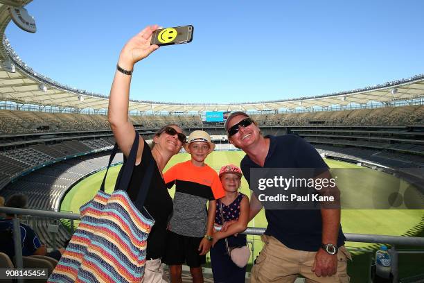 Family pose to take a selfie at Optus Stadium on January 21, 2018 in Perth, Australia. The 60,000 seat multi-purpose Stadium features the biggest LED...