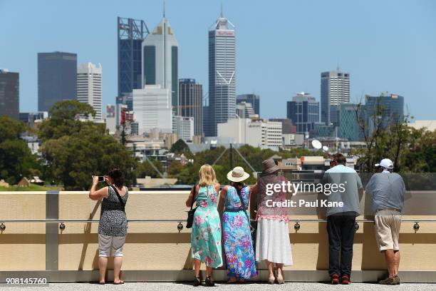 Members of the public take in the city views from an outside viewing deck at Optus Stadium on January 21, 2018 in Perth, Australia. The 60,000 seat...