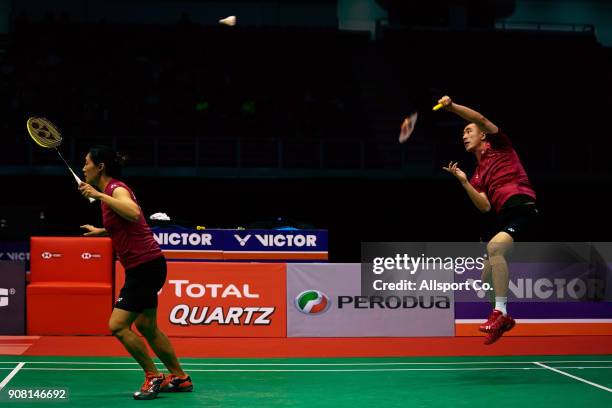 Tang Chun Man and Tse Ying Suet of Hong Kong in action in the Mixed Doubles Finals during the Perodua Malaysia Masters 2018 at Axiata Arena on...