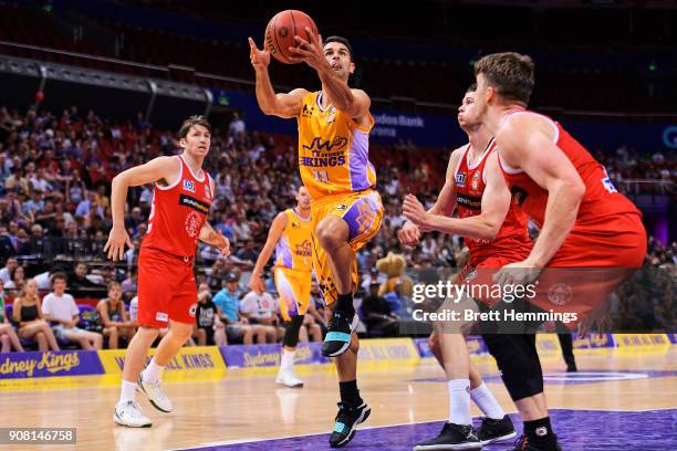 Kevin Lisch of the Kings drives towards the basket during the round 15 NBL match between the Sydney Kings and the Perth Wildcats at Qudos Bank Arena...