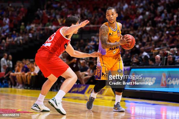 Jerome Randle of the Kings controls the ball during the round 15 NBL match between the Sydney Kings and the Perth Wildcats at Qudos Bank Arena on...
