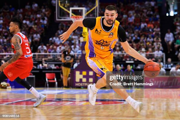 Isaac Humphries of the Kings controls the ball during the round 15 NBL match between the Sydney Kings and the Perth Wildcats at Qudos Bank Arena on...