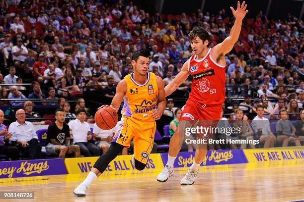 Jason Cadee of the Kings controls the ball during the round 15 NBL match between the Sydney Kings and the Perth Wildcats at Qudos Bank Arena on...