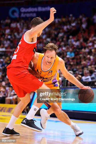 Brad Newley of the Kings controls the ball during the round 15 NBL match between the Sydney Kings and the Perth Wildcats at Qudos Bank Arena on...