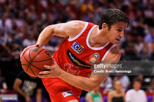 Damian Martin of the Wildcats controls the ball during the round 15 NBL match between the Sydney Kings and the Perth Wildcats at Qudos Bank Arena on...