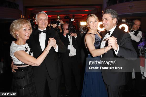 Edmund Stoiber, his wife Karin Stoiber, Sigmar Gabriel and his wife Anke Stadler during the German Film Ball 2018 at Hotel Bayerischer Hof on January...