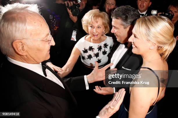 Edmund Stoiber, his wife Karin Stoiber, Sigmar Gabriel and his wife Anke Stadler during the German Film Ball 2018 at Hotel Bayerischer Hof on January...