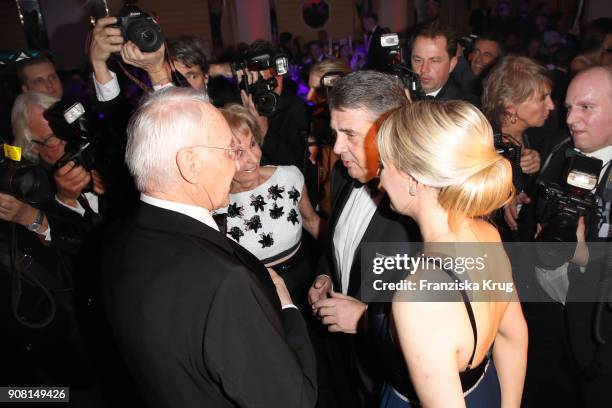 Edmund Stoiber, his wife Karin Stoiber, Sigmar Gabriel and his wife Anke Stadler during the German Film Ball 2018 at Hotel Bayerischer Hof on January...