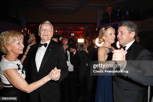 Edmund Stoiber, his wife Karin Stoiber, Sigmar Gabriel and his wife Anke Stadler during the German Film Ball 2018 at Hotel Bayerischer Hof on January...