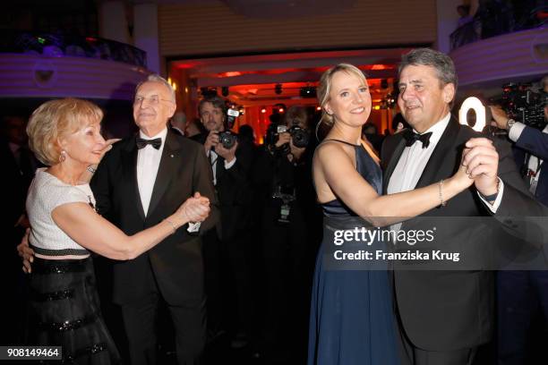 Edmund Stoiber, his wife Karin Stoiber, Sigmar Gabriel and his wife Anke Stadler during the German Film Ball 2018 at Hotel Bayerischer Hof on January...