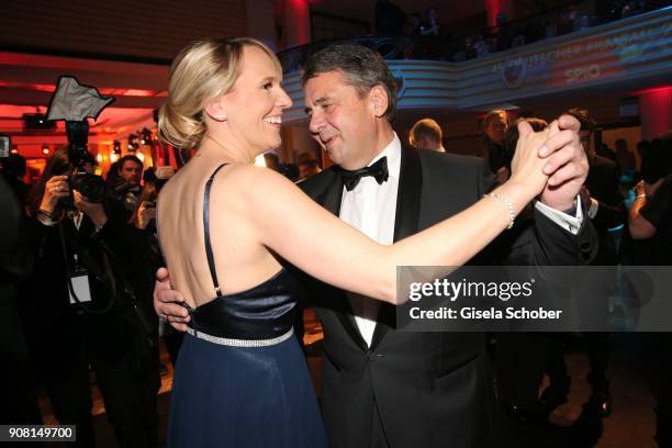 Minister Sigmar Gabriel and his wife Anke Stadler dance during the German Film Ball 2018 party at Hotel Bayerischer Hof on January 20, 2018 in...