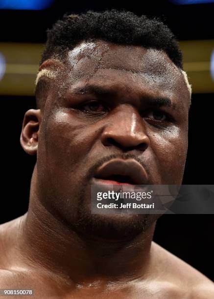 Francis Ngannou of Cameroon reacts after his unanimous-decision loss to Stipe Miocic in their heavyweight championship bout during the UFC 220 event...