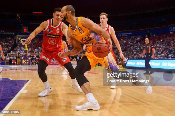 Perry Ellis of the Kings drives towards the basket during the round 15 NBL match between the Sydney Kings and the Perth Wildcats at Qudos Bank Arena...