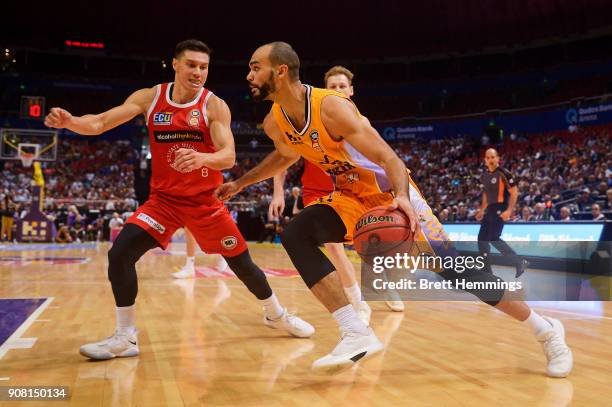 Perry Ellis of the Kings drives towards the basket during the round 15 NBL match between the Sydney Kings and the Perth Wildcats at Qudos Bank Arena...