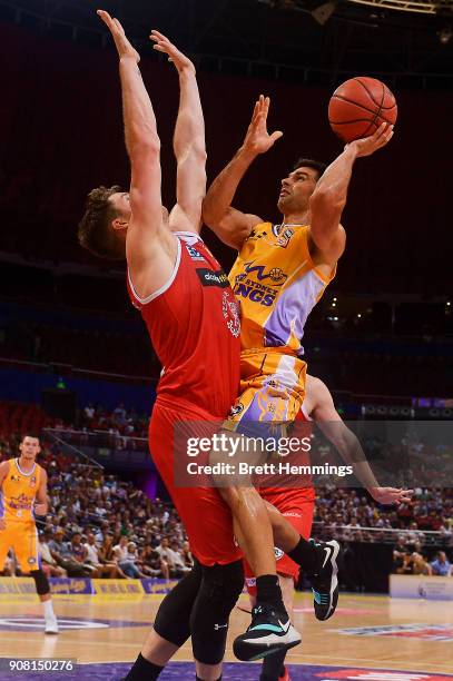 Kevin Lisch of the Kings drives towards the basket during the round 15 NBL match between the Sydney Kings and the Perth Wildcats at Qudos Bank Arena...